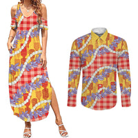 Hawaii Kahili Palaka Motifs Couples Matching Summer Maxi Dress and Long Sleeve Button Shirt Hawaiian Honohono Pikake Lei
