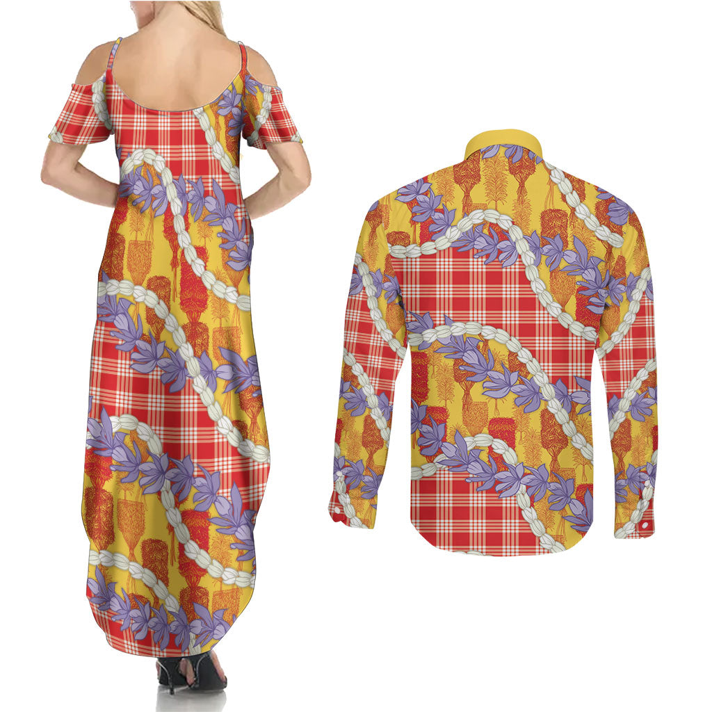 Hawaii Kahili Palaka Motifs Couples Matching Summer Maxi Dress and Long Sleeve Button Shirt Hawaiian Honohono Pikake Lei