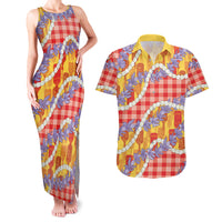 Hawaii Kahili Palaka Motifs Couples Matching Tank Maxi Dress and Hawaiian Shirt Hawaiian Honohono Pikake Lei LT14 Red - Polynesian Pride