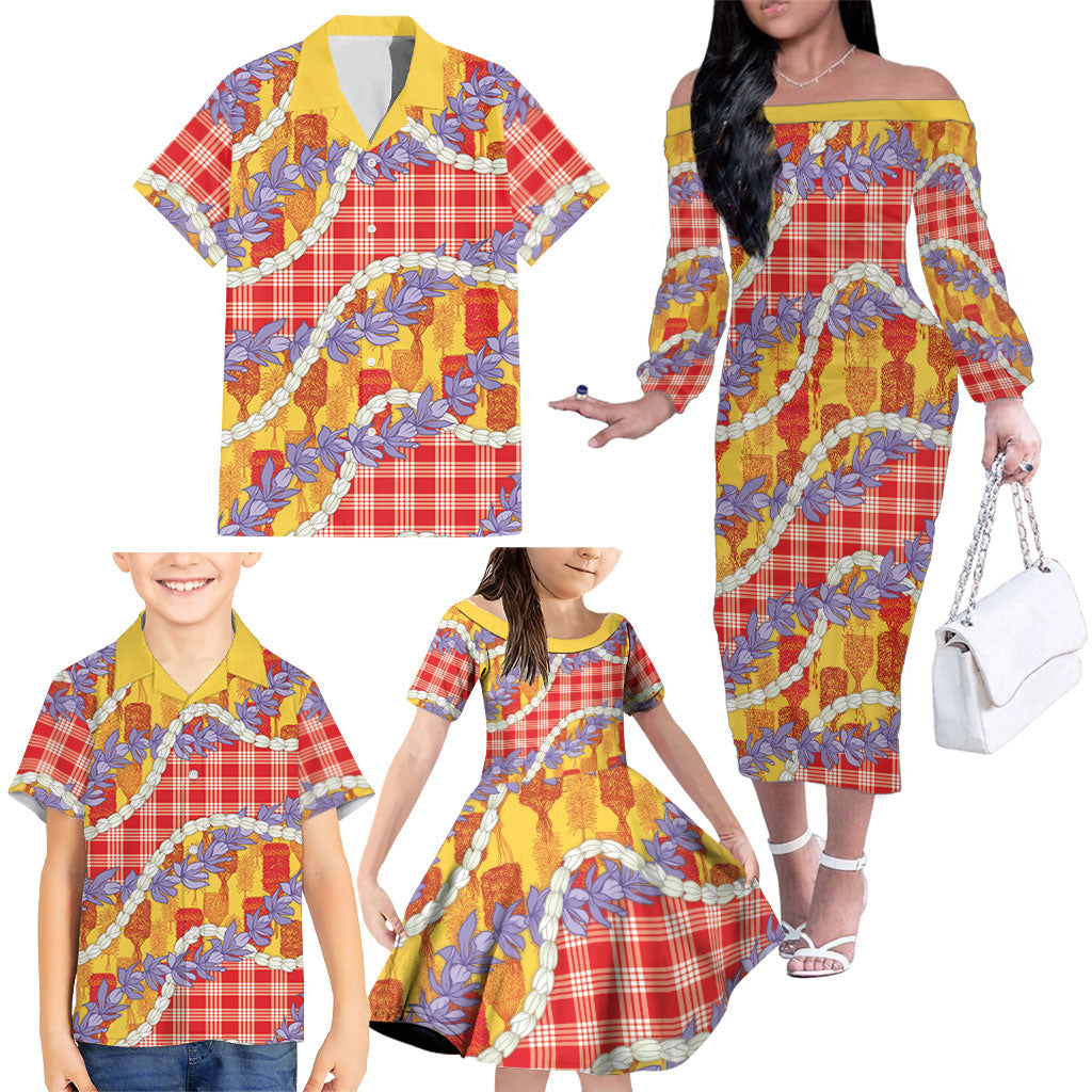 Hawaii Kahili Palaka Motifs Family Matching Off The Shoulder Long Sleeve Dress and Hawaiian Shirt Hawaiian Honohono Pikake Lei LT14 - Polynesian Pride
