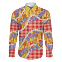 Hawaii Kahili Palaka Motifs Family Matching Off The Shoulder Long Sleeve Dress and Hawaiian Shirt Hawaiian Honohono Pikake Lei LT14 Dad's Shirt - Long Sleeve Red - Polynesian Pride