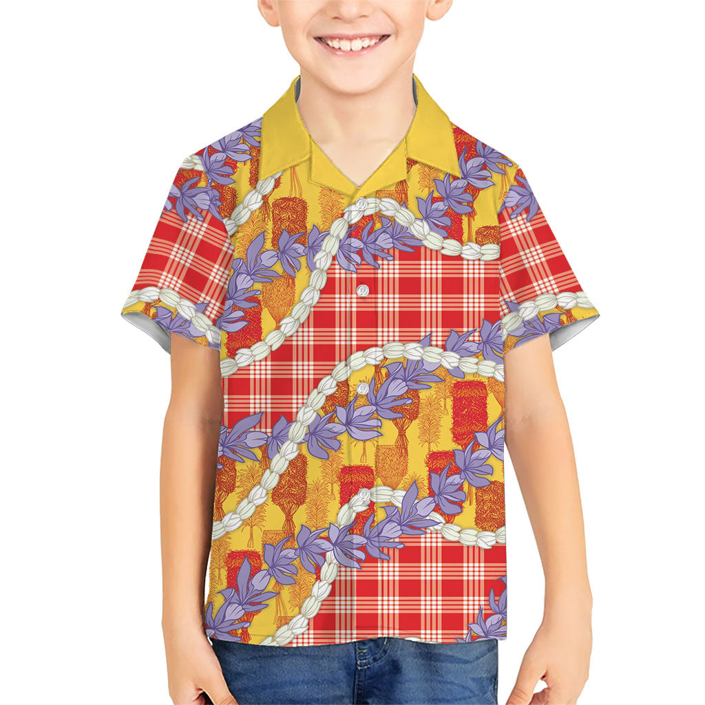 Hawaii Kahili Palaka Motifs Family Matching Off The Shoulder Long Sleeve Dress and Hawaiian Shirt Hawaiian Honohono Pikake Lei LT14 Son's Shirt Red - Polynesian Pride