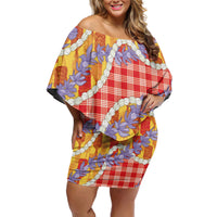 Hawaii Kahili Palaka Motifs Family Matching Off Shoulder Short Dress and Hawaiian Shirt Hawaiian Honohono Pikake Lei LT14 Mom's Dress Red - Polynesian Pride