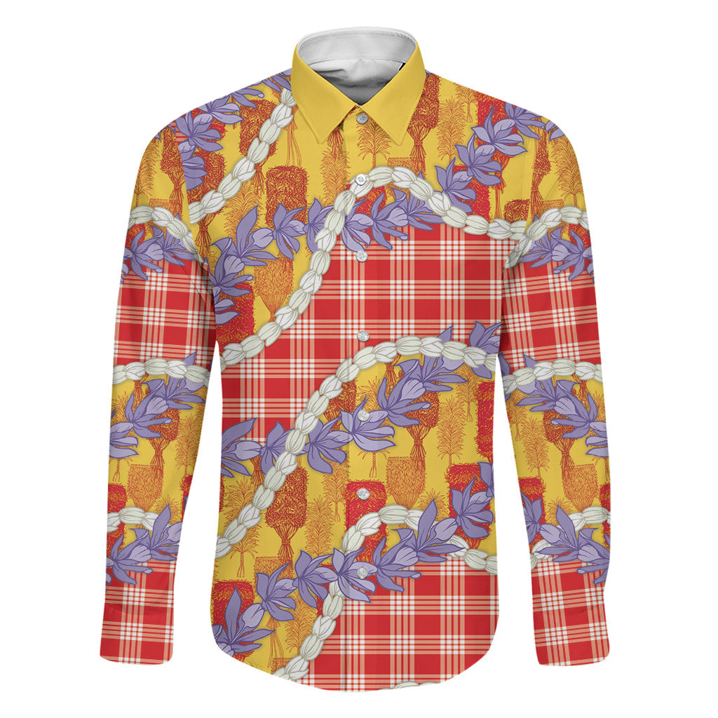 Hawaii Kahili Palaka Motifs Family Matching Puletasi and Hawaiian Shirt Hawaiian Honohono Pikake Lei LT14 Dad's Shirt - Long Sleeve Red - Polynesian Pride