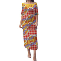 Hawaii Kahili Palaka Motifs Family Matching Puletasi and Hawaiian Shirt Hawaiian Honohono Pikake Lei LT14 Mom's Dress Red - Polynesian Pride