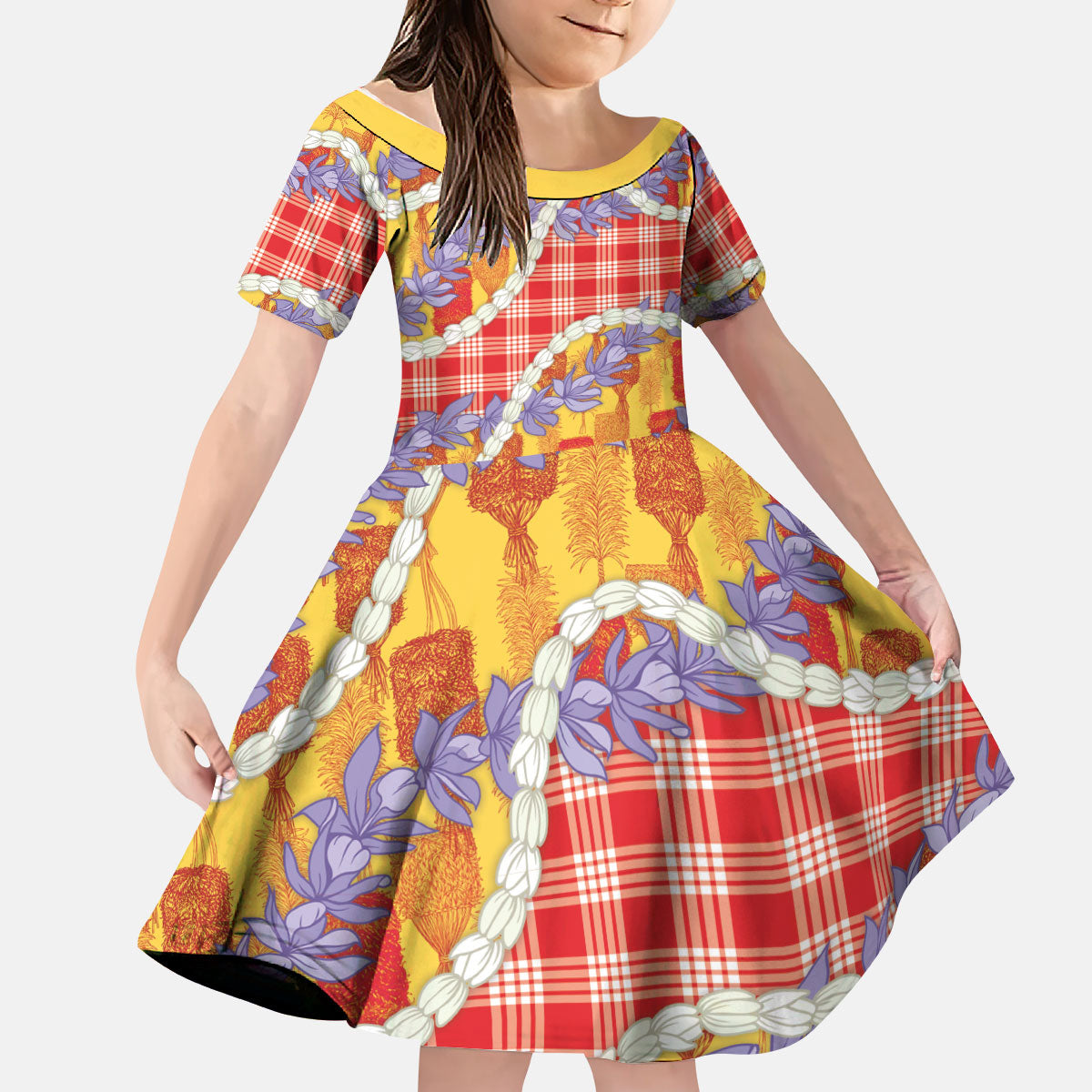 Hawaii Kahili Palaka Motifs Kid Short Sleeve Dress Hawaiian Honohono Pikake Lei LT14 KID Red - Polynesian Pride