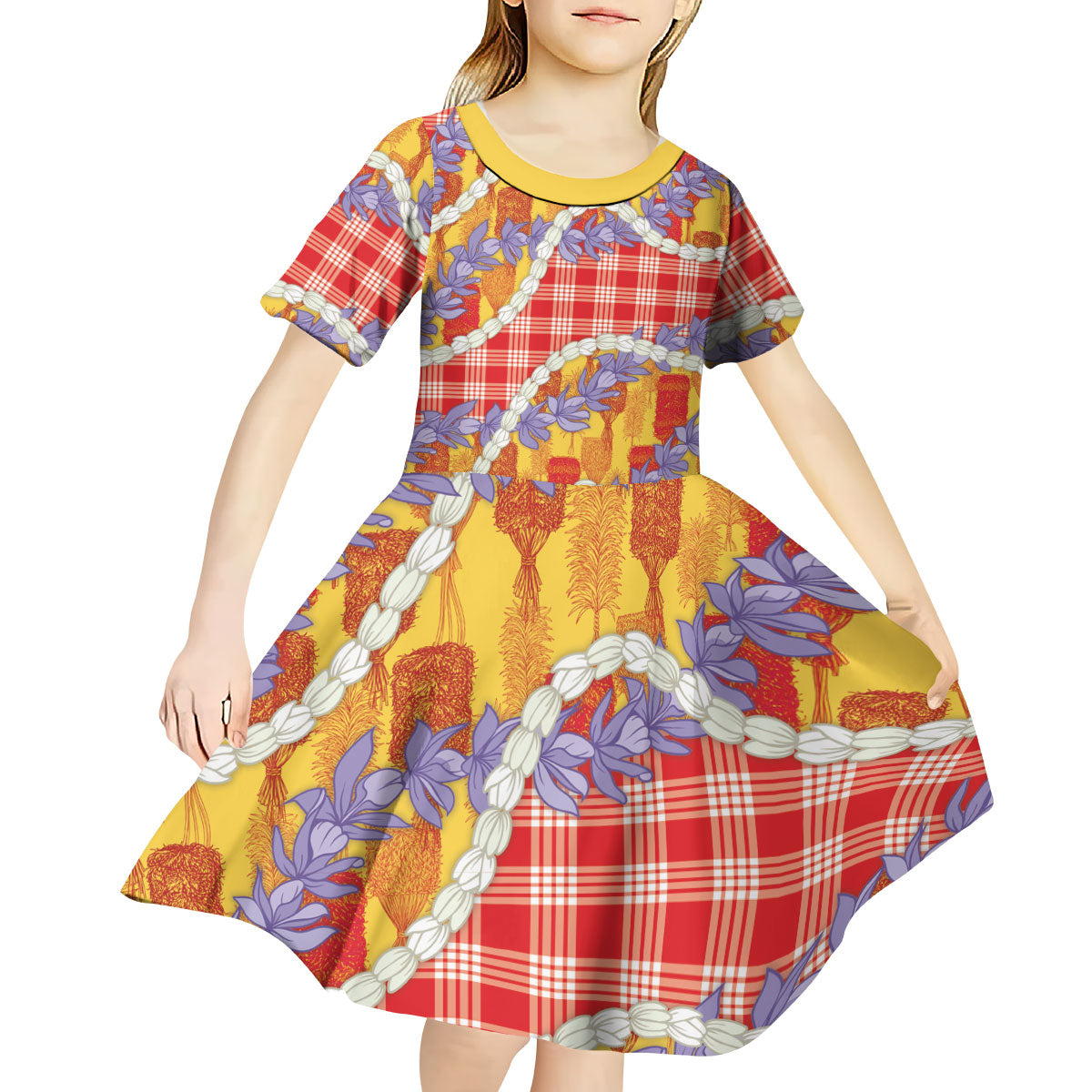 Hawaii Kahili Palaka Motifs Kid Short Sleeve Dress Hawaiian Honohono Pikake Lei