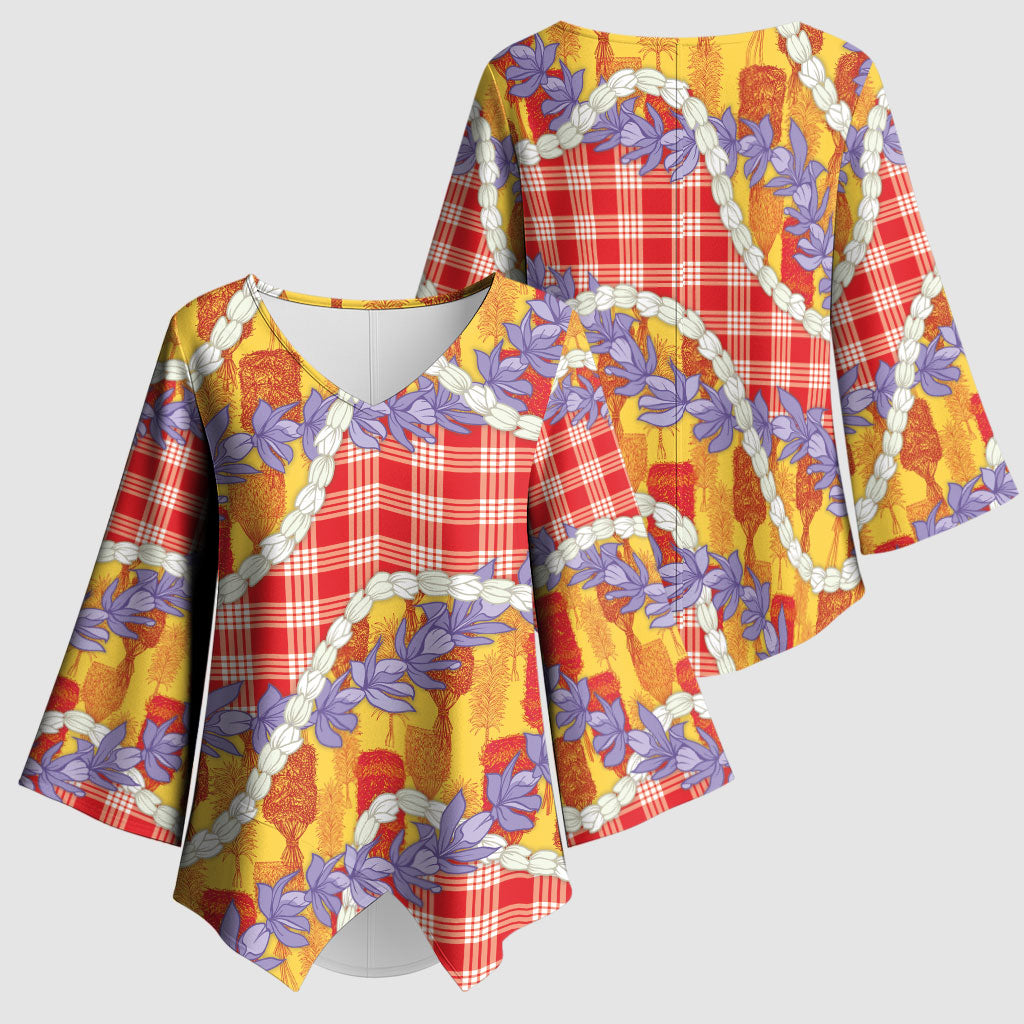 Hawaii Kahili Palaka Motifs Kimono Sleeve Blouse Hawaiian Honohono Pikake Lei