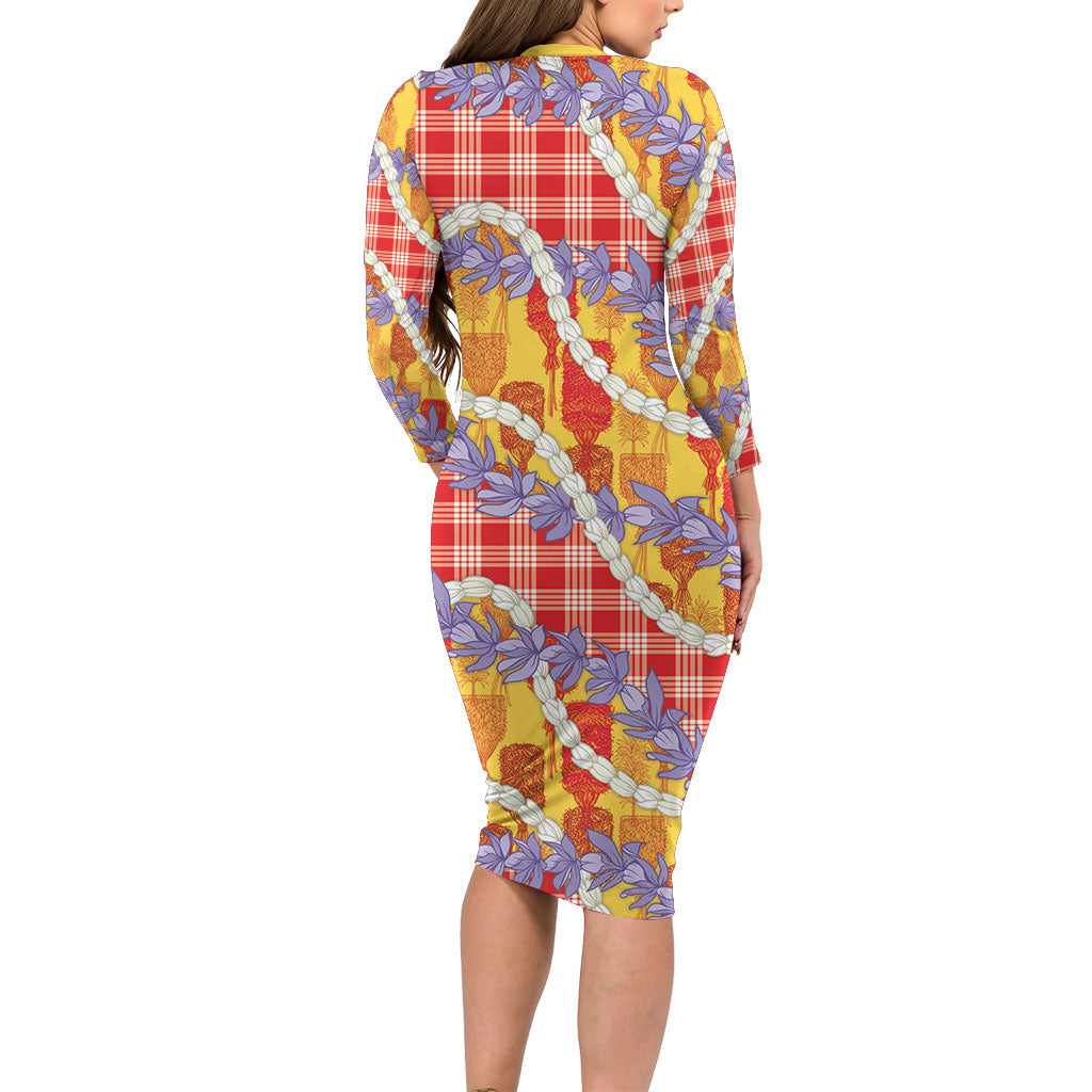 Hawaii Kahili Palaka Motifs Long Sleeve Bodycon Dress Hawaiian Honohono Pikake Lei