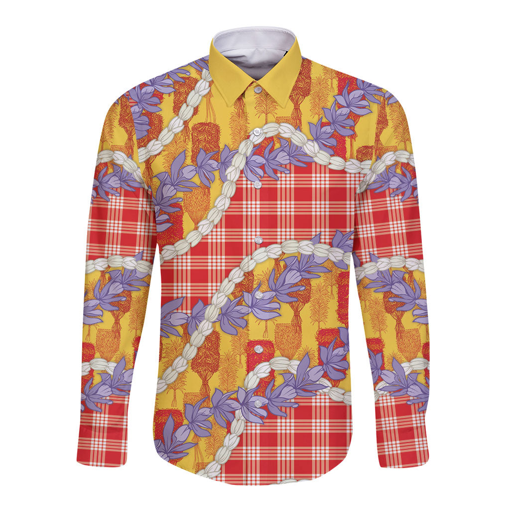 Hawaii Kahili Palaka Motifs Long Sleeve Button Shirt Hawaiian Honohono Pikake Lei