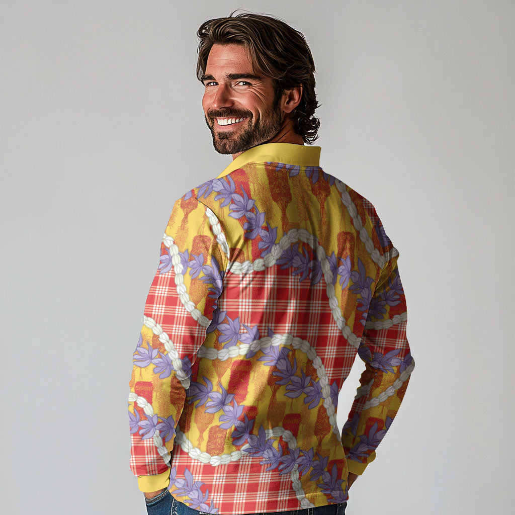 Hawaii Kahili Palaka Motifs Long Sleeve Polo Shirt Hawaiian Honohono Pikake Lei