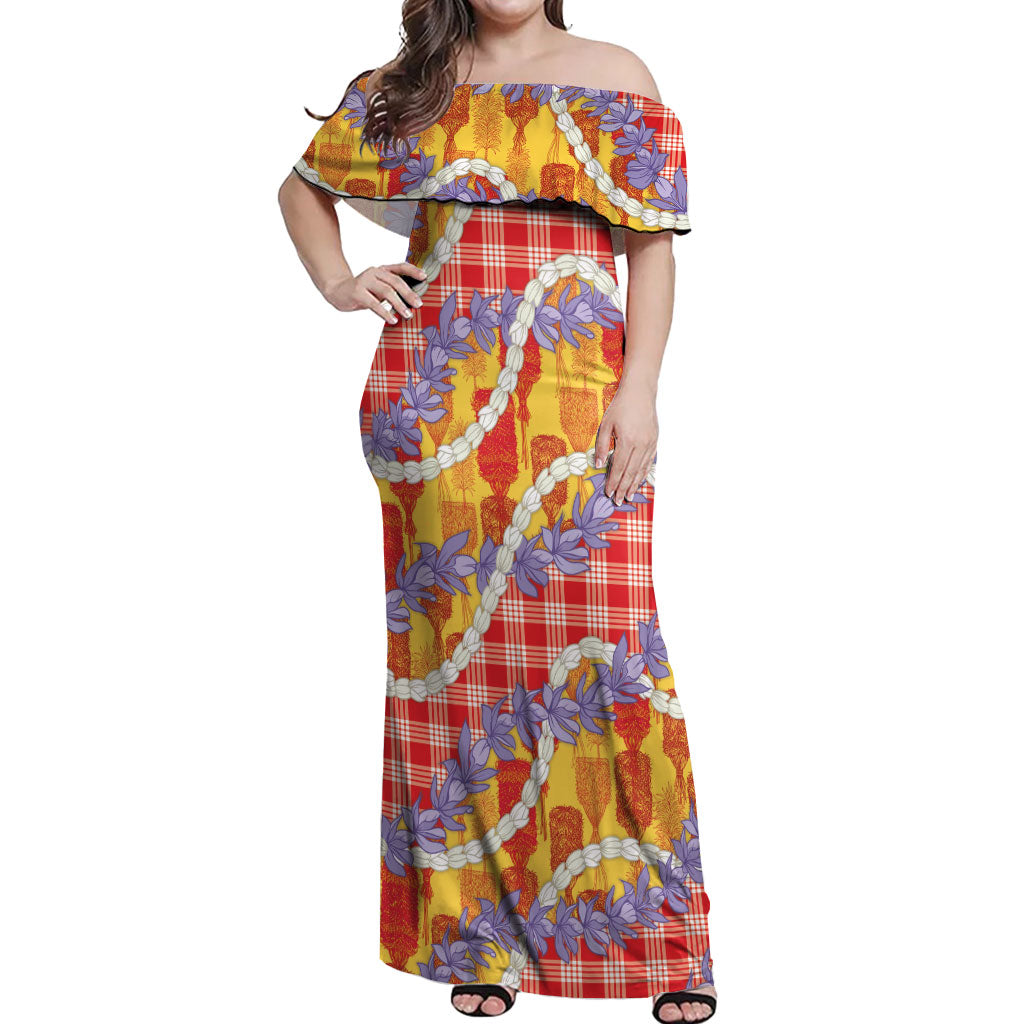 Hawaii Kahili Palaka Motifs Off Shoulder Maxi Dress Hawaiian Honohono Pikake Lei LT14 Women Red - Polynesian Pride