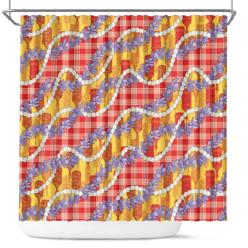 Hawaii Kahili Palaka Motifs Shower Curtain Hawaiian Honohono Pikake Lei LT14 Red - Polynesian Pride
