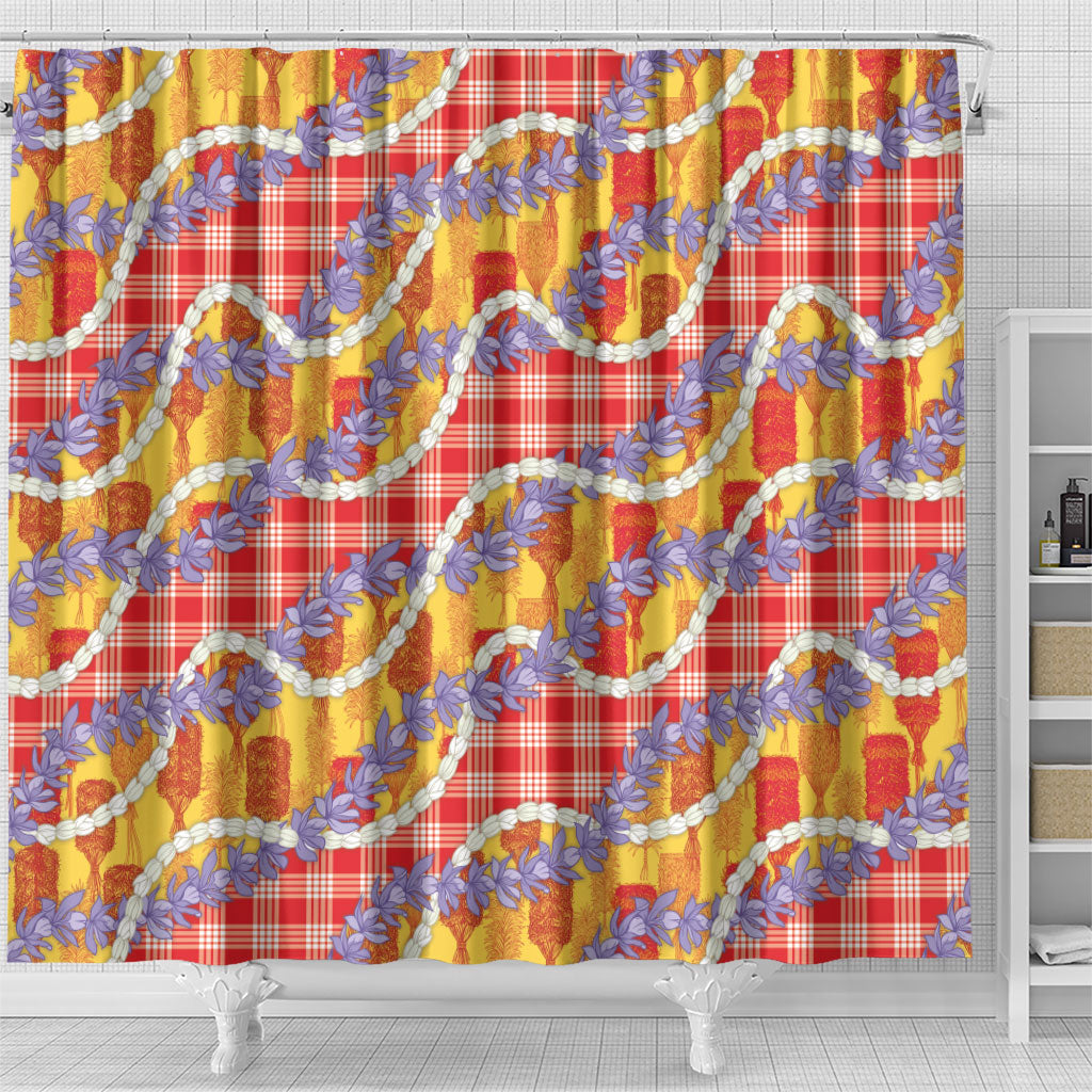 Hawaii Kahili Palaka Motifs Shower Curtain Hawaiian Honohono Pikake Lei