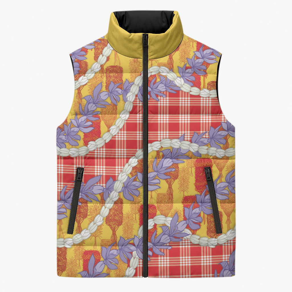 Hawaii Kahili Palaka Motifs Sleeveless Puffer Jacket Hawaiian Honohono Pikake Lei
