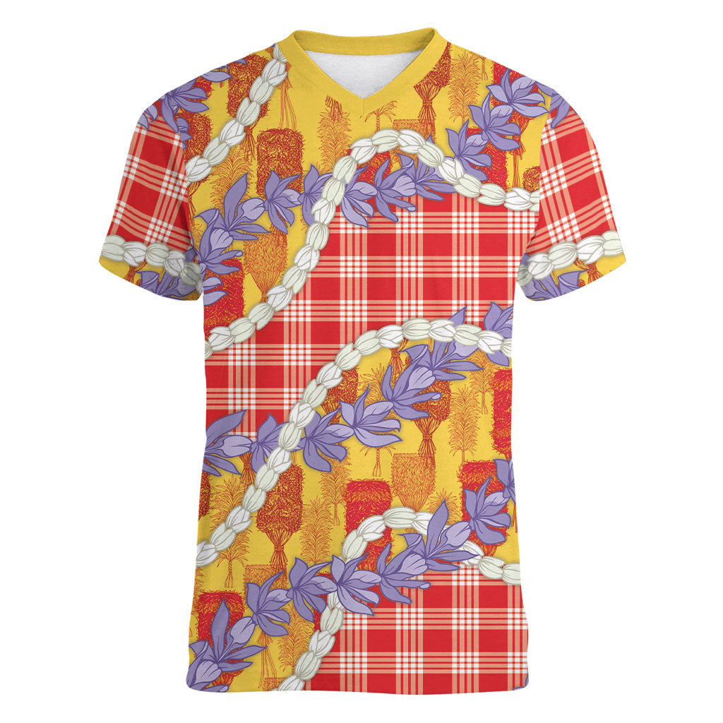 Hawaii Kahili Palaka Motifs Women V-Neck T-Shirt Hawaiian Honohono Pikake Lei LT14 Female Red - Polynesian Pride