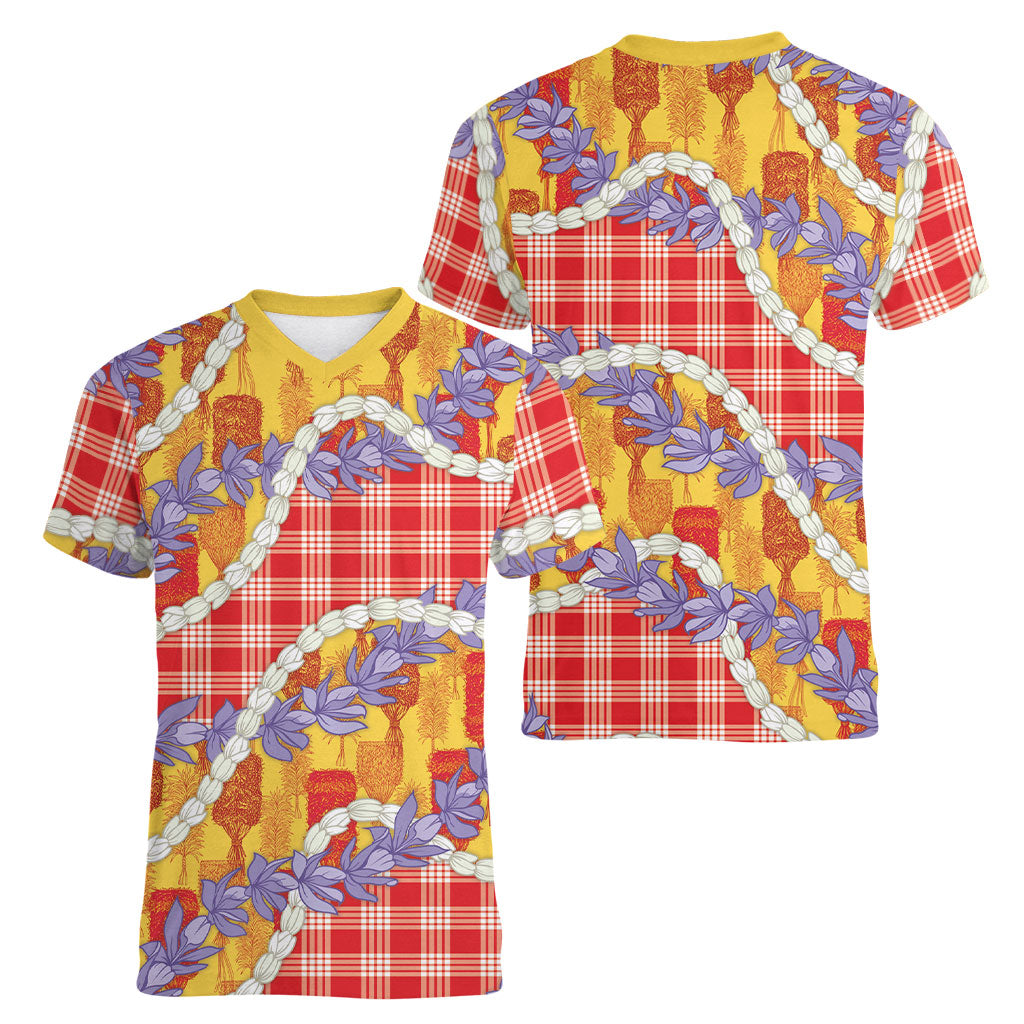 Hawaii Kahili Palaka Motifs Women V-Neck T-Shirt Hawaiian Honohono Pikake Lei LT14 - Polynesian Pride