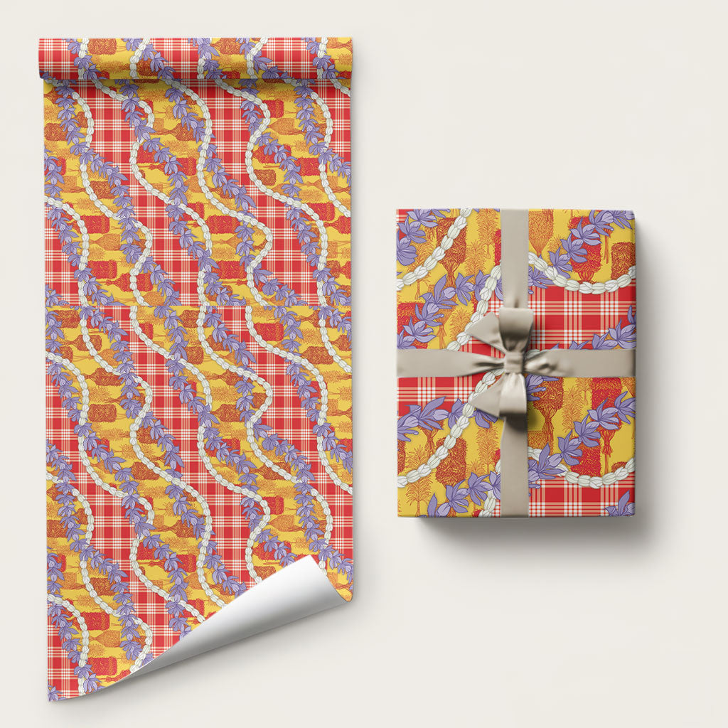 Hawaii Kahili Palaka Motifs Wrapping Paper Hawaiian Honohono Pikake Lei LT14 58" × 23" Red - Polynesian Pride