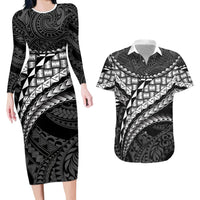 Hawaii Lauhala Tattoo Couples Matching Long Sleeve Bodycon Dress and Hawaiian Shirt Hawaiian Hala Leaf Weaving