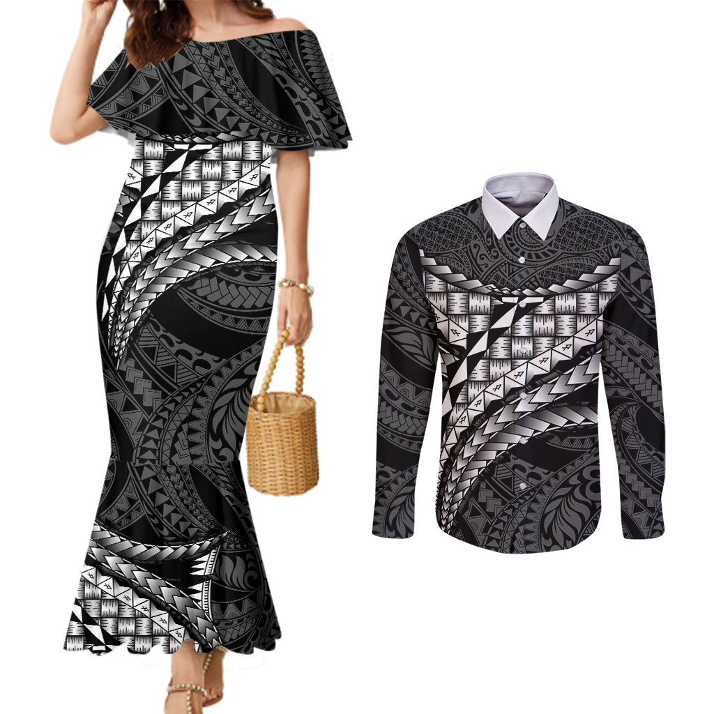 Hawaii Lauhala Tattoo Couples Matching Mermaid Dress and Long Sleeve Button Shirt Hawaiian Hala Leaf Weaving LT14 Black - Polynesian Pride