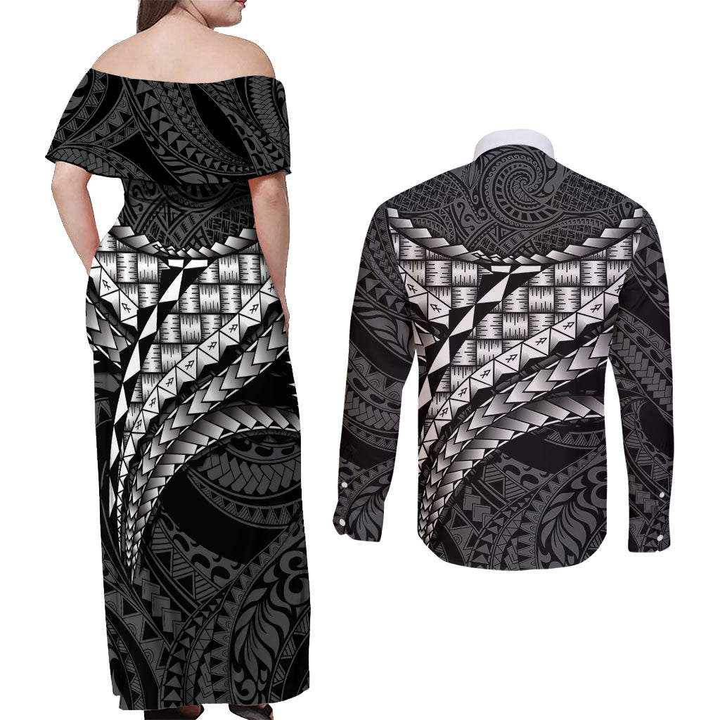 Hawaii Lauhala Tattoo Couples Matching Off Shoulder Maxi Dress and Long Sleeve Button Shirt Hawaiian Hala Leaf Weaving