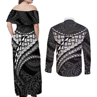 Hawaii Lauhala Tattoo Couples Matching Off Shoulder Maxi Dress and Long Sleeve Button Shirt Hawaiian Hala Leaf Weaving