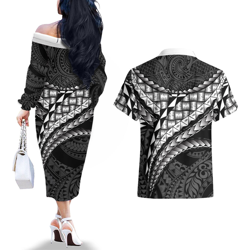 Hawaii Lauhala Tattoo Couples Matching Off The Shoulder Long Sleeve Dress and Hawaiian Shirt Hawaiian Hala Leaf Weaving