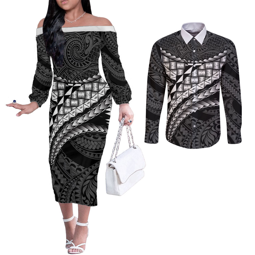 Hawaii Lauhala Tattoo Couples Matching Off The Shoulder Long Sleeve Dress and Long Sleeve Button Shirt Hawaiian Hala Leaf Weaving LT14 Black - Polynesian Pride