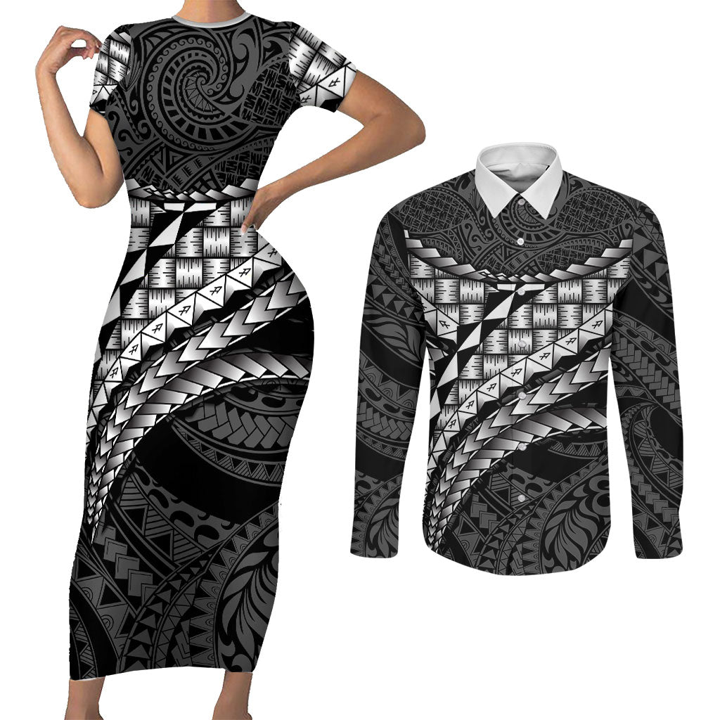 Hawaii Lauhala Tattoo Couples Matching Short Sleeve Bodycon Dress and Long Sleeve Button Shirt Hawaiian Hala Leaf Weaving LT14 Black - Polynesian Pride