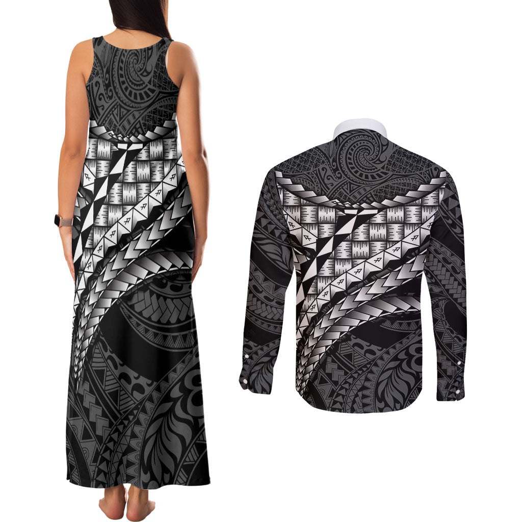 Hawaii Lauhala Tattoo Couples Matching Tank Maxi Dress and Long Sleeve Button Shirt Hawaiian Hala Leaf Weaving