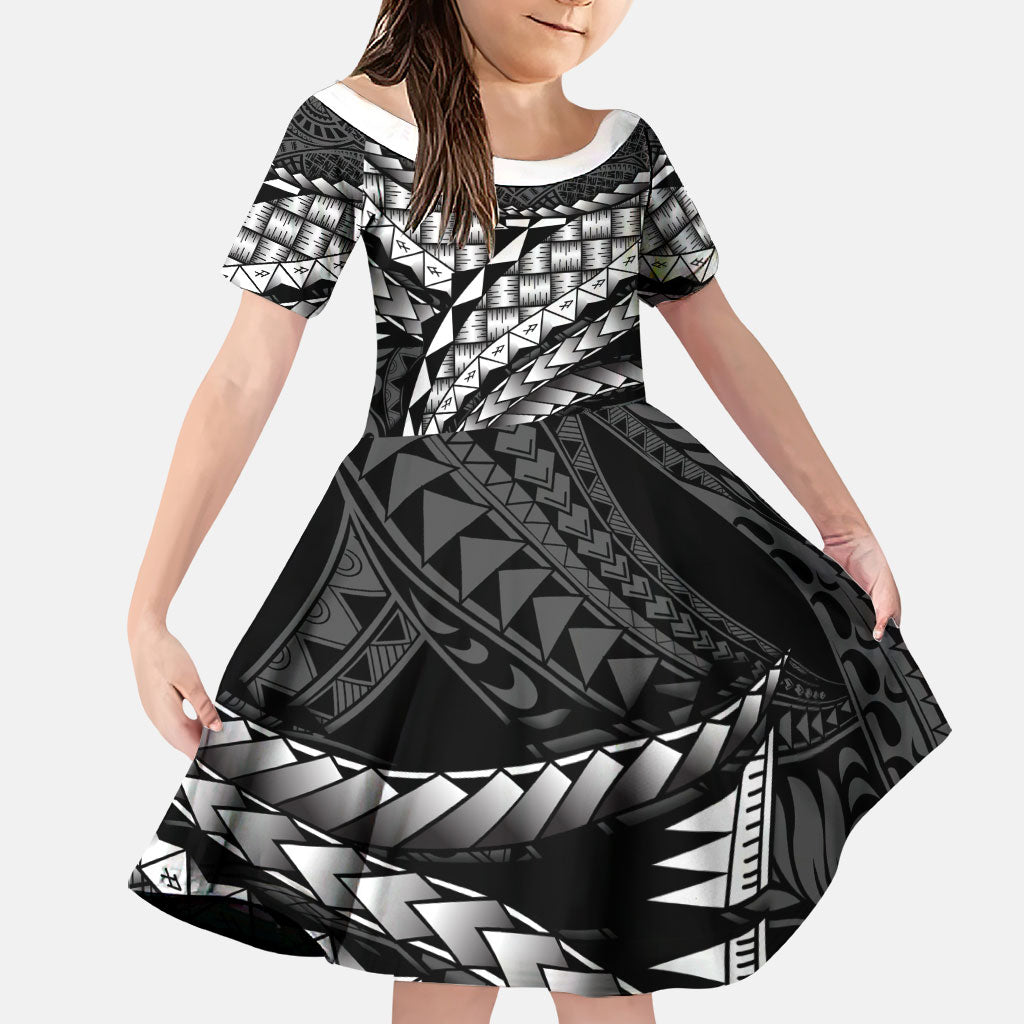 Hawaii Lauhala Tattoo Family Matching Off The Shoulder Long Sleeve Dress and Hawaiian Shirt Hawaiian Hala Leaf Weaving LT14 Daughter's Dress Black - Polynesian Pride