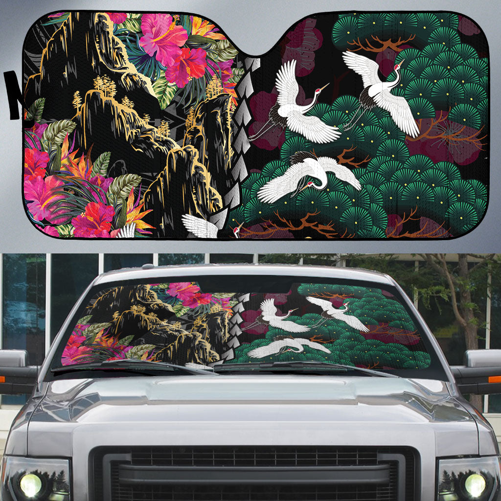 Hawaiian and Japanese Culture Auto Sun Shade Crane Sakura Hibiscus Tropical Vibes LT14 Black - Polynesian Pride