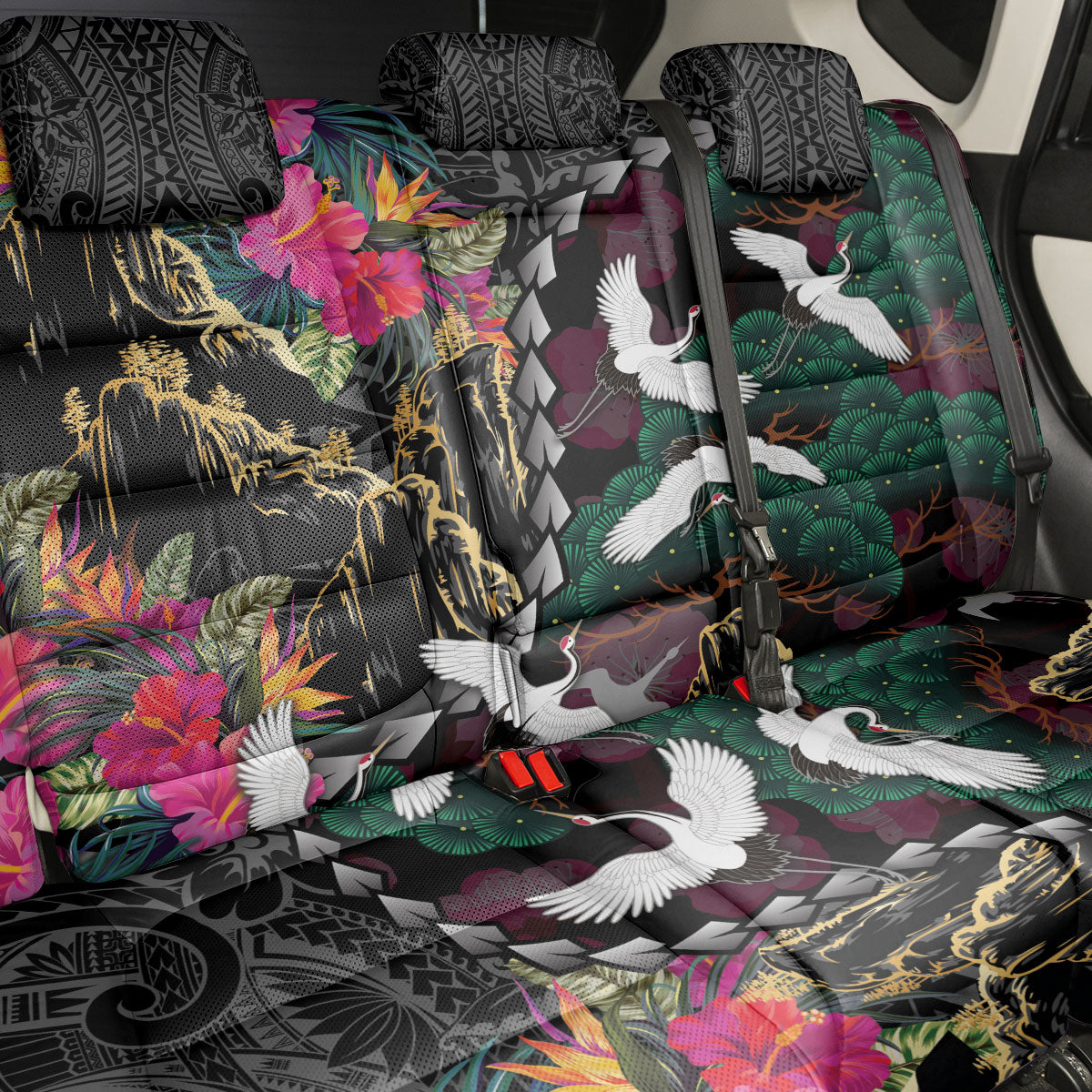 Hawaiian and Japanese Culture Back Car Seat Cover Crane Sakura Hibiscus Tropical Vibes