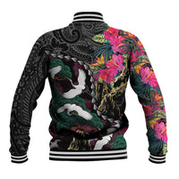 Hawaiian and Japanese Culture Baseball Jacket Crane Sakura Hibiscus Tropical Vibes