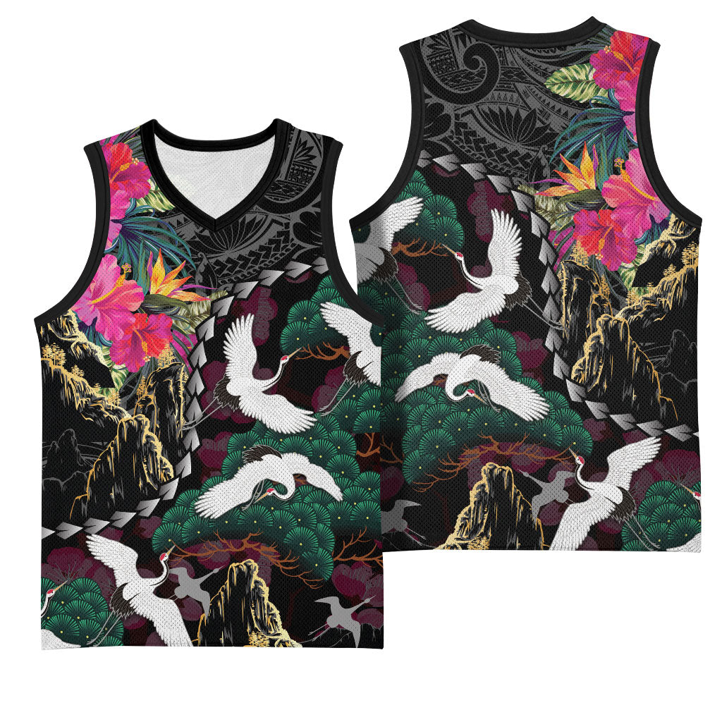 Hawaiian and Japanese Culture Basketball Jersey Crane Sakura Hibiscus Tropical Vibes