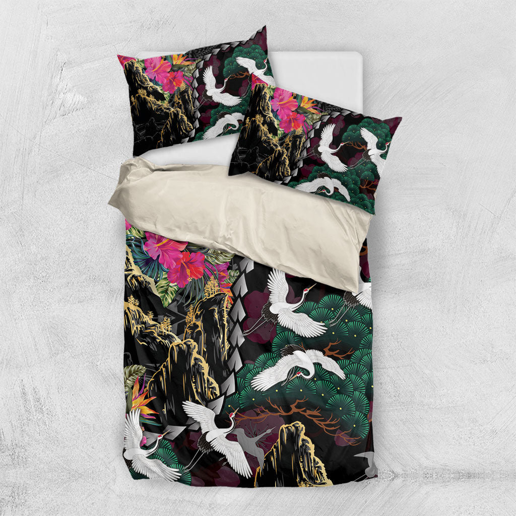 Hawaiian and Japanese Culture Bedding Set Crane Sakura Hibiscus Tropical Vibes