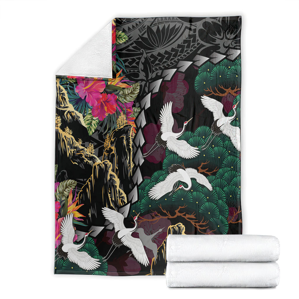 Hawaiian and Japanese Culture Blanket Crane Sakura Hibiscus Tropical Vibes