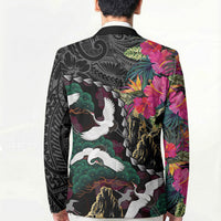 Hawaiian and Japanese Culture Blazer Crane Sakura Hibiscus Tropical Vibes