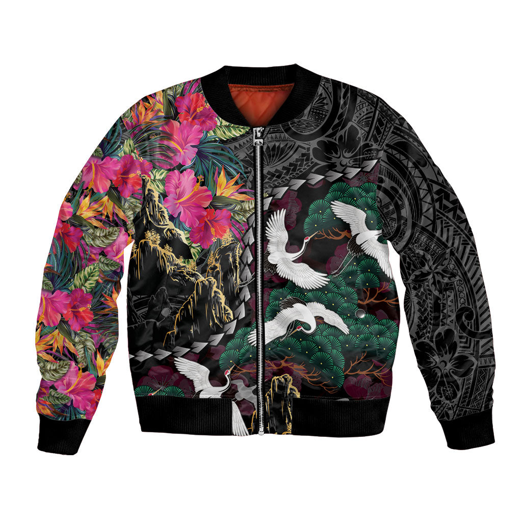Hawaiian and Japanese Culture Bomber Jacket Crane Sakura Hibiscus Tropical Vibes LT14 Unisex Black - Polynesian Pride