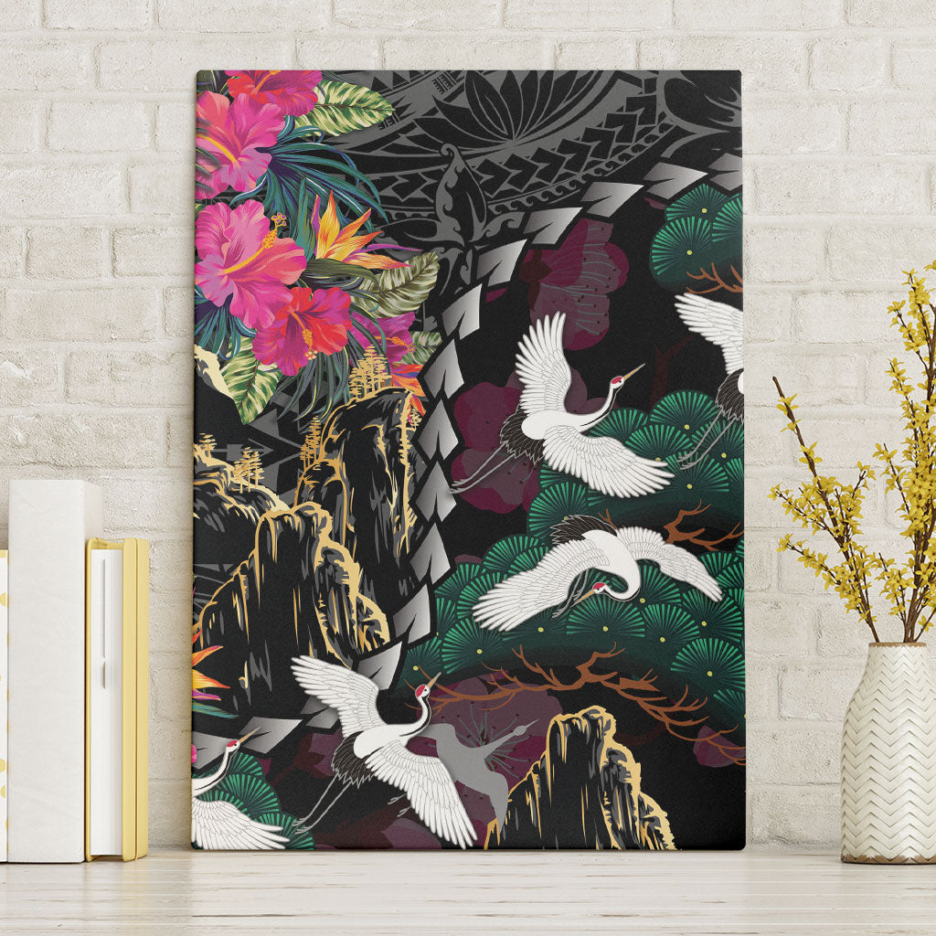 Hawaiian and Japanese Culture Canvas Wall Art Crane Sakura Hibiscus Tropical Vibes LT14 Without Frame Black - Polynesian Pride