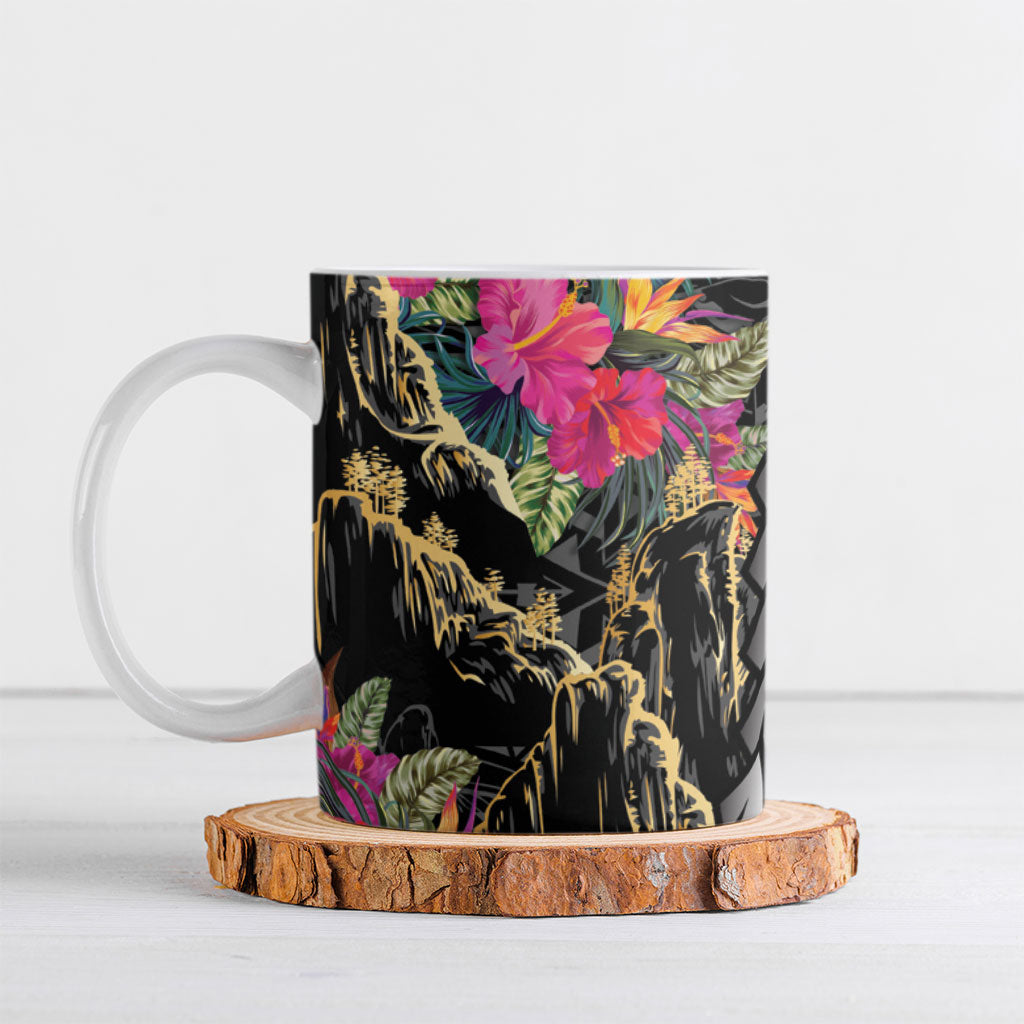 Hawaiian and Japanese Culture Ceramic Mug Crane Sakura Hibiscus Tropical Vibes LT14 Black - Polynesian Pride