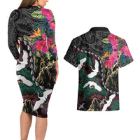 Hawaiian and Japanese Culture Couples Matching Long Sleeve Bodycon Dress and Hawaiian Shirt Crane Sakura Hibiscus Tropical Vibes LT14 - Polynesian Pride