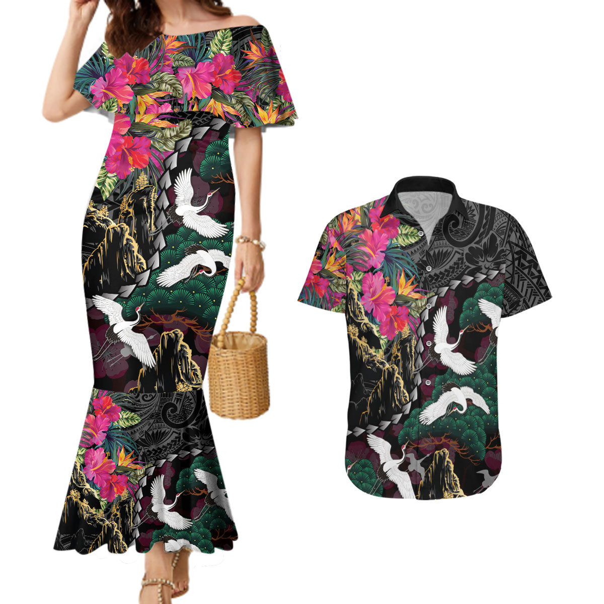 Hawaiian and Japanese Culture Couples Matching Mermaid Dress and Hawaiian Shirt Crane Sakura Hibiscus Tropical Vibes LT14 Black - Polynesian Pride