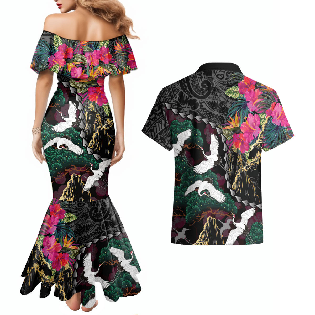 Hawaiian and Japanese Culture Couples Matching Mermaid Dress and Hawaiian Shirt Crane Sakura Hibiscus Tropical Vibes LT14 - Polynesian Pride