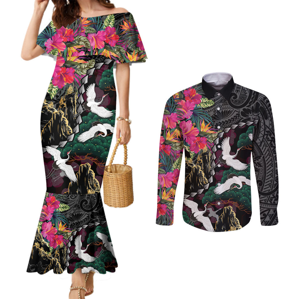 Hawaiian and Japanese Culture Couples Matching Mermaid Dress and Long Sleeve Button Shirt Crane Sakura Hibiscus Tropical Vibes LT14 Black - Polynesian Pride
