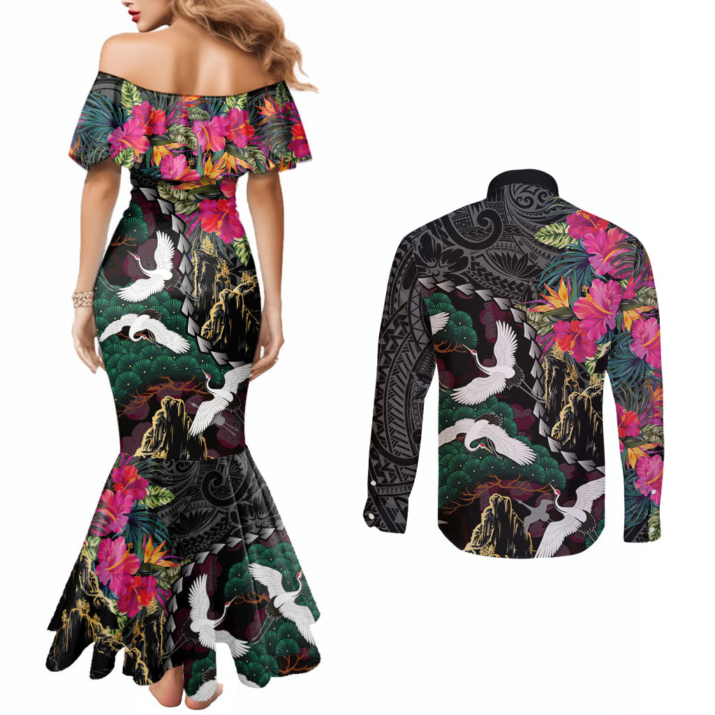 Hawaiian and Japanese Culture Couples Matching Mermaid Dress and Long Sleeve Button Shirt Crane Sakura Hibiscus Tropical Vibes