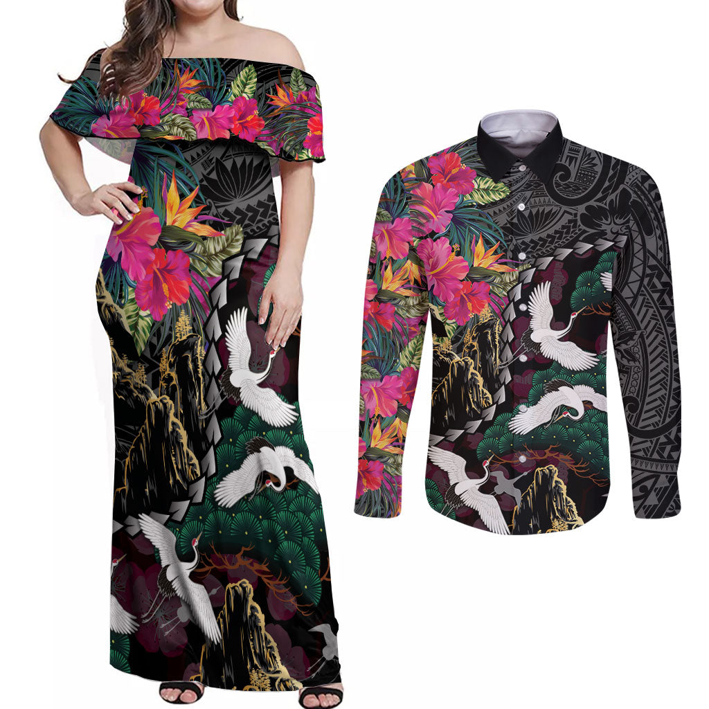 Hawaiian and Japanese Culture Couples Matching Off Shoulder Maxi Dress and Long Sleeve Button Shirt Crane Sakura Hibiscus Tropical Vibes