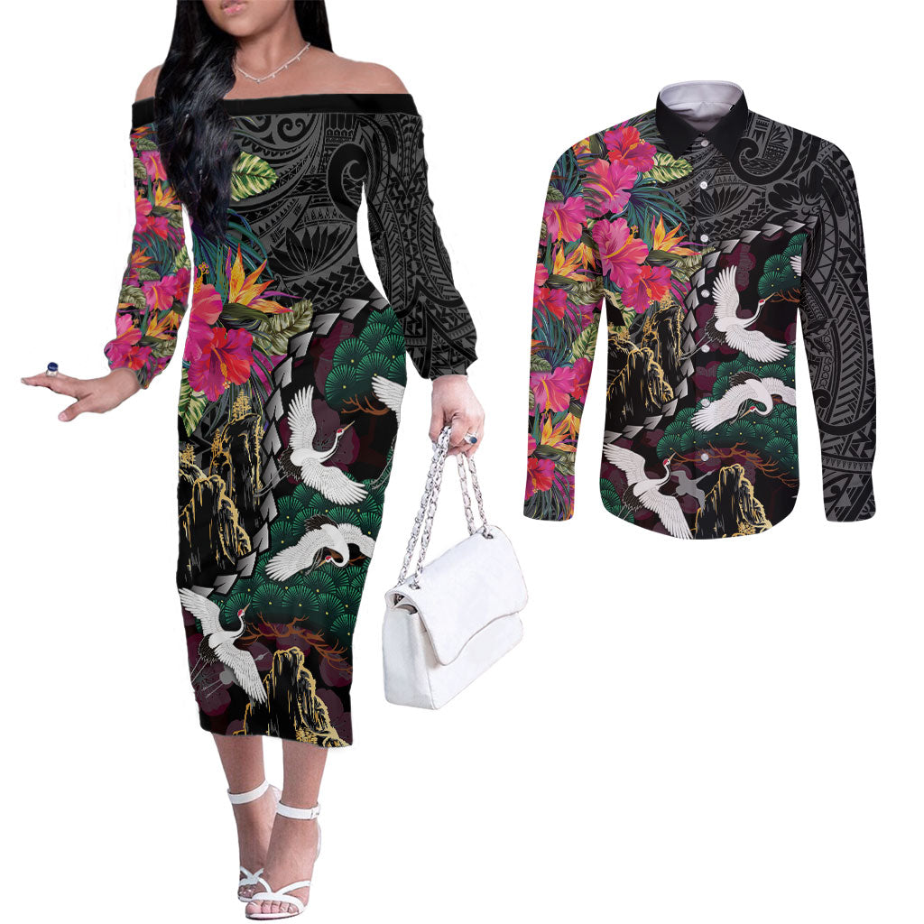 Hawaiian and Japanese Culture Couples Matching Off The Shoulder Long Sleeve Dress and Long Sleeve Button Shirt Crane Sakura Hibiscus Tropical Vibes LT14 Black - Polynesian Pride