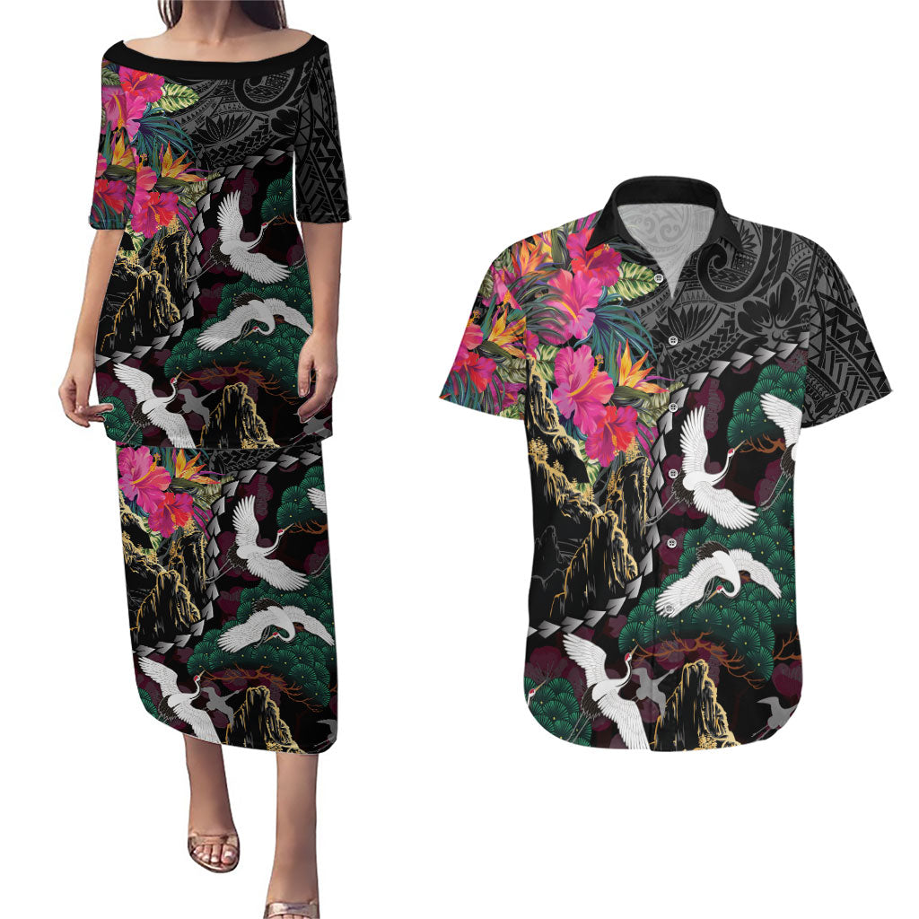 Hawaiian and Japanese Culture Couples Matching Puletasi and Hawaiian Shirt Crane Sakura Hibiscus Tropical Vibes LT14 Black - Polynesian Pride