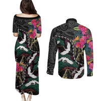 Hawaiian and Japanese Culture Couples Matching Puletasi and Long Sleeve Button Shirt Crane Sakura Hibiscus Tropical Vibes